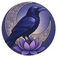 Raven, Lotus & Grey emblem: a raven on a crescent moon perched above a lotus